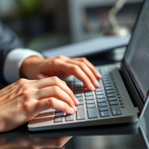 M√£os digitando em um teclado, ilustrando o curso de comunica√§√£o escrita eficaz.
